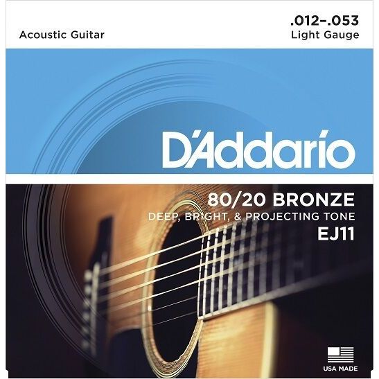 Acoustic Guitar Strings, Light Gauge 12-53, By D'Addario,  EJ11  80/20 Bronze