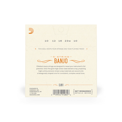 5-String Banjo Strings,  Loop End By D'Addario  EJ61, Nickel Wound,10-23 Medium