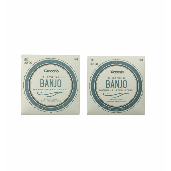 2 x D'Addario EJ60 Banjo Strings, Light Gauge 9-20 Nickel, Loop End, 5 String