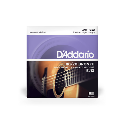 Acoustic Guitar Strings, Custom Light 11/52 Gauge, D'Addario EJ13 80/20 Bronze