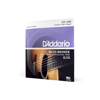 Acoustic Guitar Strings, Custom Light 11/52 Gauge, D'Addario EJ13 80/20 Bronze