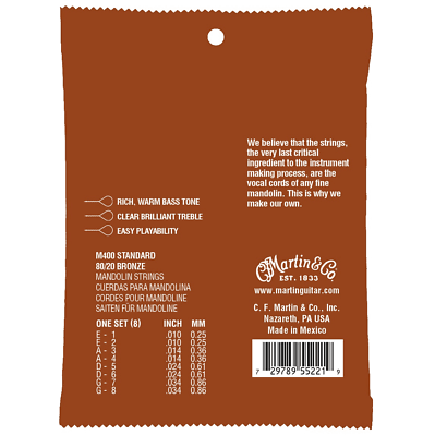 Mandolin Strings TRIPLE PACK. Martin M400 Bronze 10-34 Light Gauge, Loop Ended.