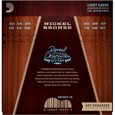 D'Addario NB1047-12, 12 String Nickel Bronze Acoustic Guitar, Extra Light, 10-47