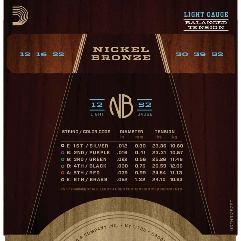 D'Addario NB1252BT Nickel Bronze Acoustic Guitar Strings, Light Balanced Tension