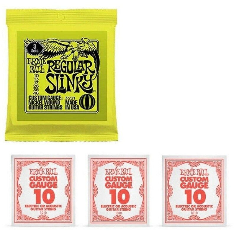 Ernie Ball Regular Slinky 3 Pack With 3 x Extra Top E Strings.P/N 3221+1010x3
