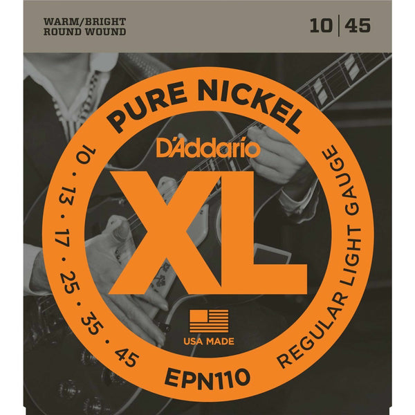 Pure Nickel Electric Guitar Strings D'Addario EPN110 XL .10, 13, 17, 25, 35, 45.