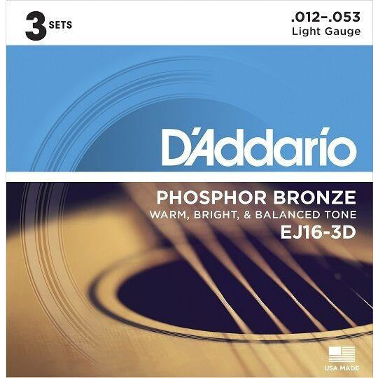 2 X D'Addario EJ16-3D Phosphor Bronze Light Gauge Acoustic Guitar Strings 6 Sets