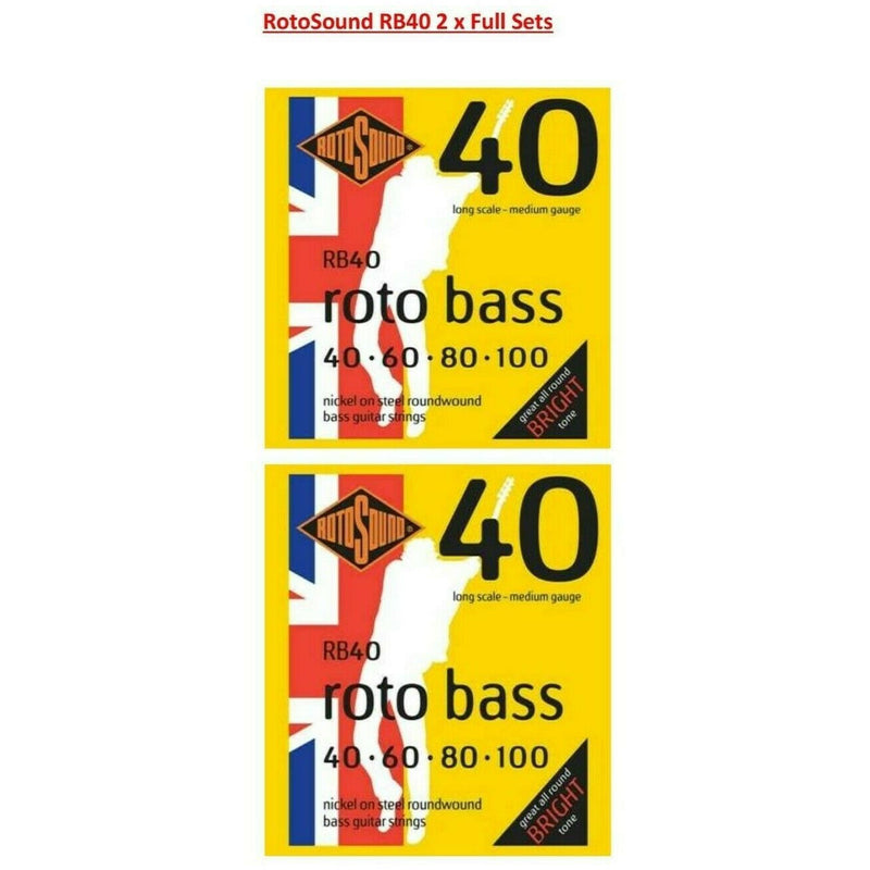 2 x Rotosound RB40 Roundwound Bass Guitar Strings 40-100 Long Scale & Authentic