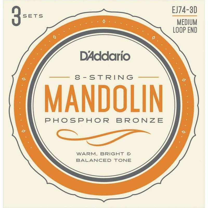 3 Pack EJ74-3D Mandolin Strings, Phosphor Bronze Wound, Loop End,11-40
