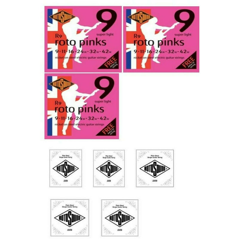 2 Sets Of Rotosound R9 Pink 9-42 + 5 x Rotosound NP009 Single Strings