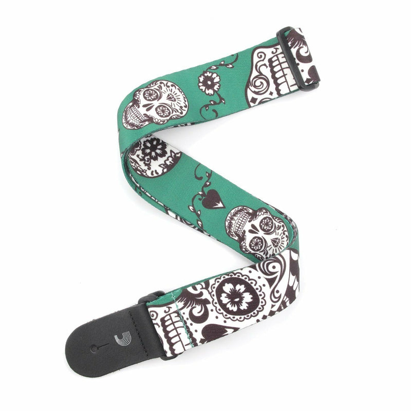 D'Addario P20W1411   2-Inch Woven Guitar Strap   Sugar Skulls    Green