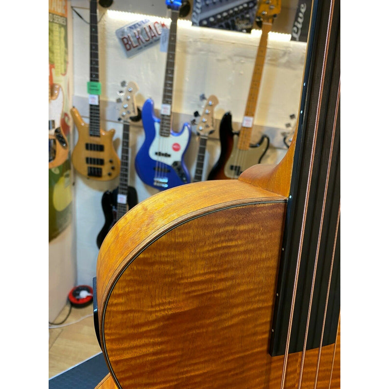 Aria Fretless Acoustic Bass, Flame Nato Natural Finish. On Board Tuner & Preamp.