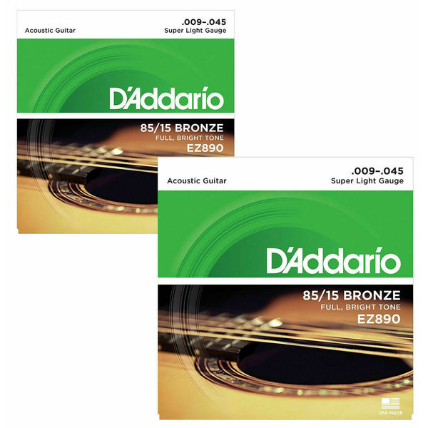 Acoustic Guitar Strings 2 Pack, D'Addario EZ890 85:15 Bronze Super Light 9/45.