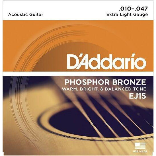 Acoustic Guitar Strings D'Addario EJ15 Phosphor Bronze, Extra Light Gauge 10-47.