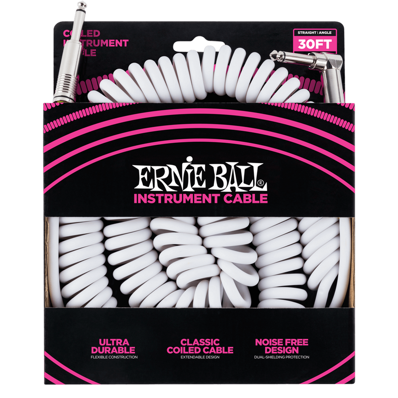 Ernie Ball Ultraflex 30' Coiled Straight/Angle Instrument Cable -White P/N P6045