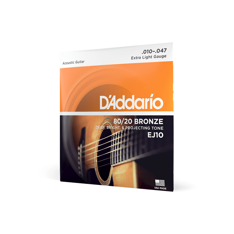 Acoustic Extra Light Guitar Strings, D'Addario  EJ10 80/20 Bronze , 10/47 Gauge