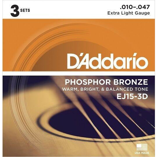 D'Addario EJ15-3D 3 SETS Phosphor Bronze Acoustic Extra Light,10-47(3 Set Pack)