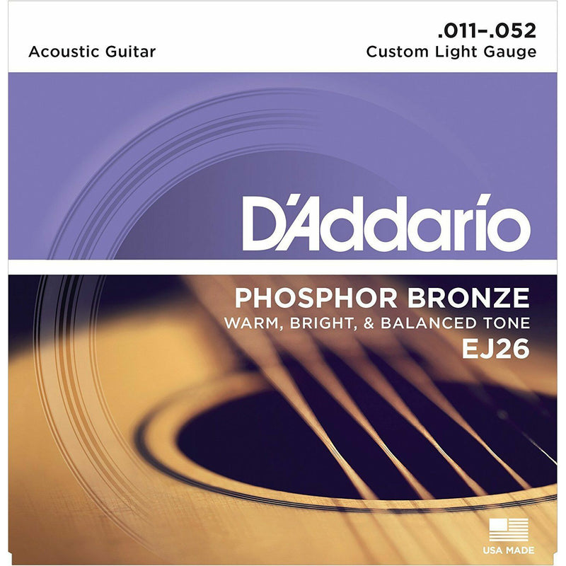 Acoustic Guitar Strings Custom Light 11-52 Gauge D'Addario EJ26 Phosphor Bronze