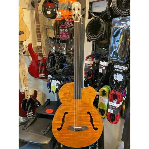 Aria Fretless Acoustic Bass, Flame Nato Natural Finish. On Board Tuner & Preamp.