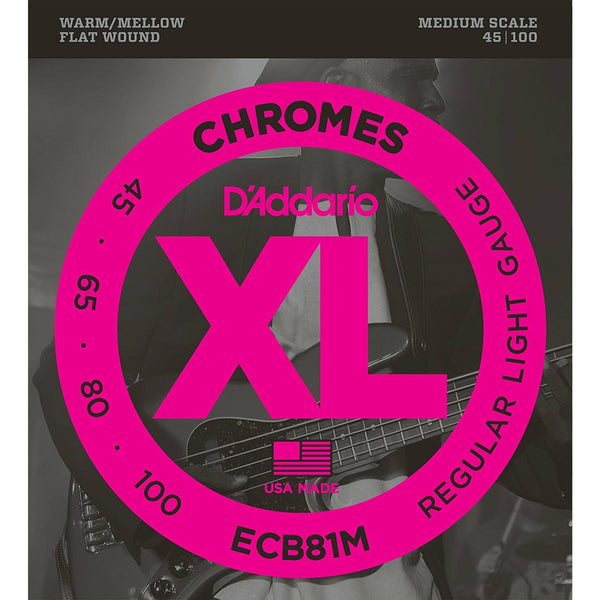 D'Addario 4-String ECB81M Flatwound Chromes 45-100 Medium Scale Bass Strings