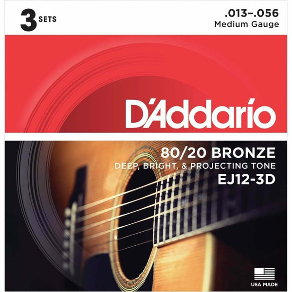 3-Pack EJ12-3D 80/20 Bronze Acoustic Guitar Strings 13-56 Medium.