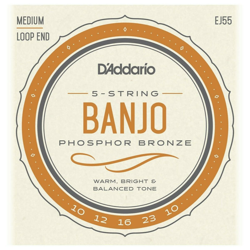 5-String Banjo Strings, D'Addario EJ55  Phosphor Bronze Wound, Loop End 10-23