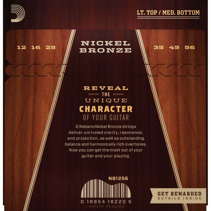 D'addario NB1256 Nickel Bronze Acoustic Guitar Strings, Light Top / Med Bottom,