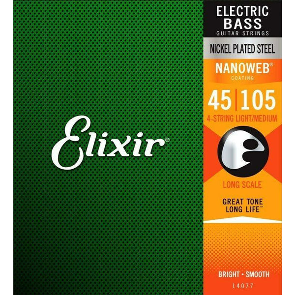 Elixir 14077 Nickel Plated Steel Nanoweb Bass Guitar Strings, Medium, 45-105