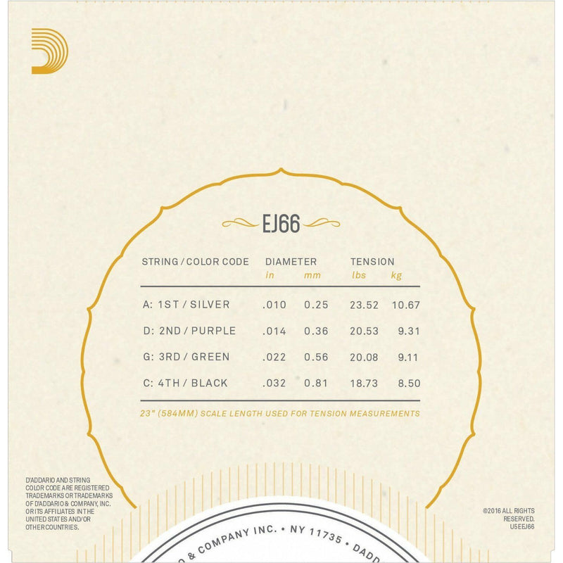 D'Addario EJ66 Tenor Guitar Strings.Plain Steel .010,.014 Bronze Wound .022,.032