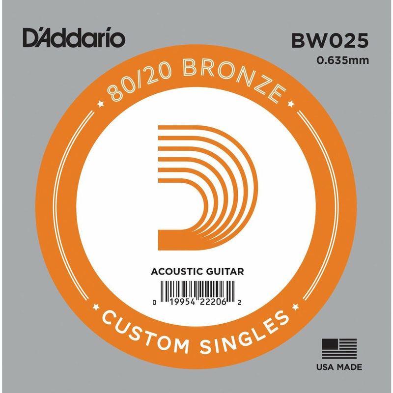 5 X D'Addario BW025 80/20  Bronze Wound  Acoustic Guitar Single String .025