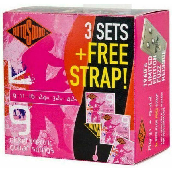 Electric Guitar Strings 3 Pack + Free Strap By Rotosound R9-31, 9 Gauge UK Made!
