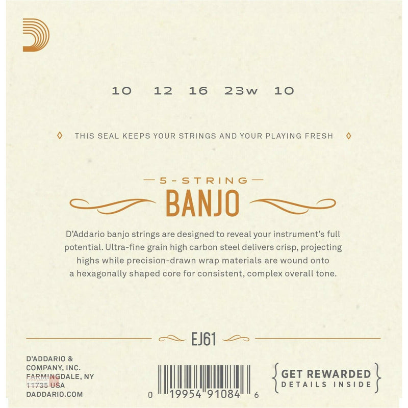 5-String Banjo, D'Addario EJ61  Nickel Wound, Loop End, 10-23 Medium