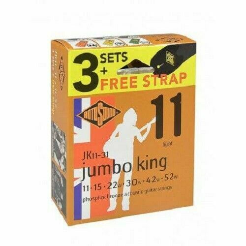 Acoustic Guitar Strings, 3 SETS + Strap. By Rotosound. JK11-31 Phosphor Bronze.