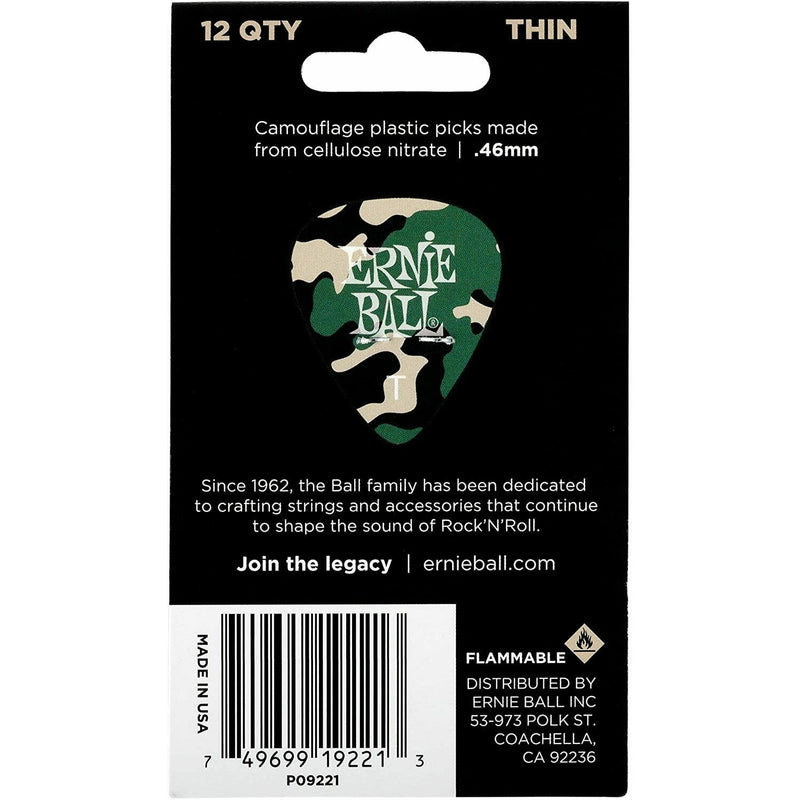 Plectrums, Ernie Ball, Camouflage Guitar Picks, 12 Pack, Thin 0.46mm. P09221