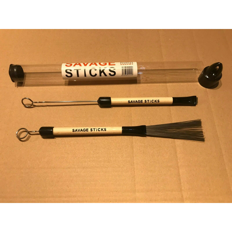 'Savage Sticks' Retractable Wire Drum Brushes, Wooden Handle. SSDHW5