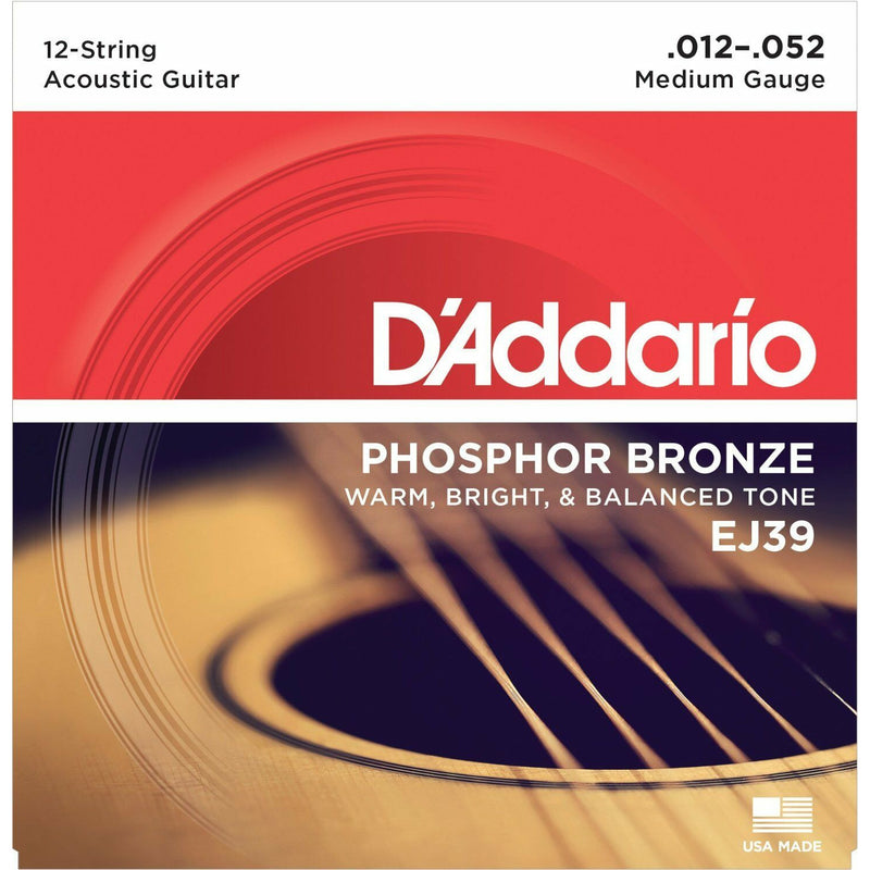 D'Addario EJ39 12-String Phosphor Bronze Acoustic Guitar Strings Medium 12-52