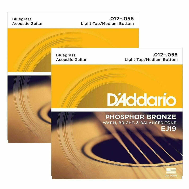 2 x Bluegrass Acoustic Guitar Strings, D'Addario EJ19 Phosphor Bronze (012-.056)