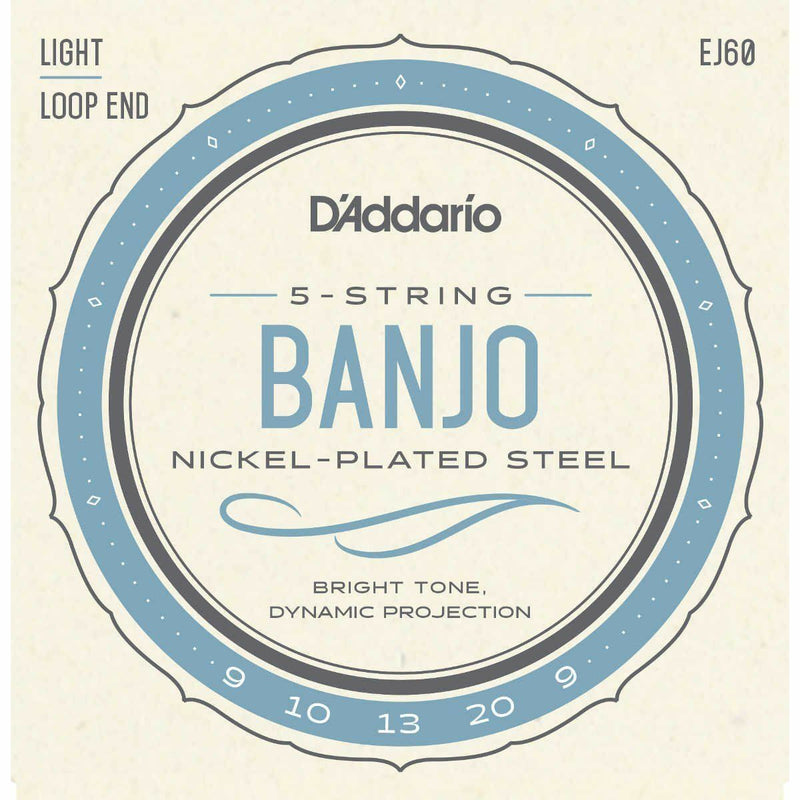 Banjo Nickel Wound Strings EJ60 ,Light Gauge 9-20, Loop End