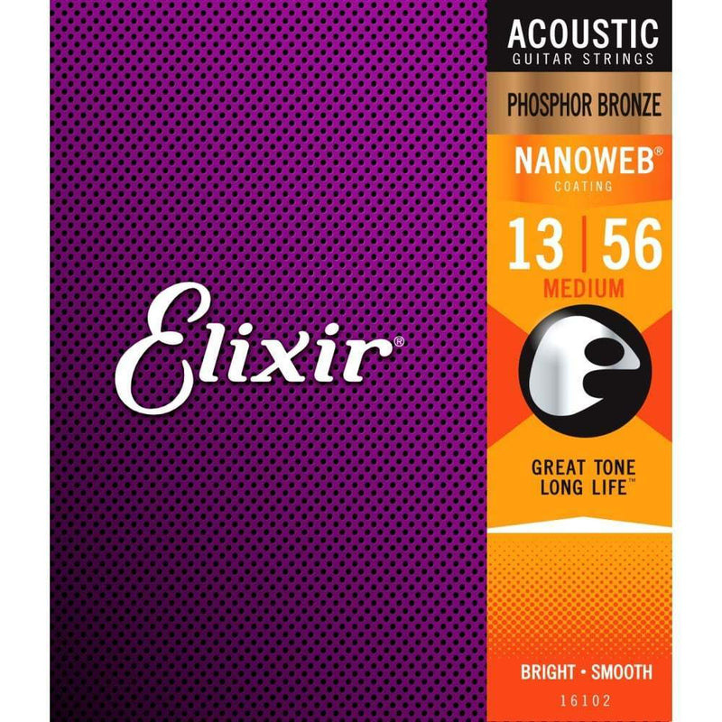 Elixir Nanoweb E16102 Phosphor Bronze Acoustic Guitar Strings 13-56 Medium