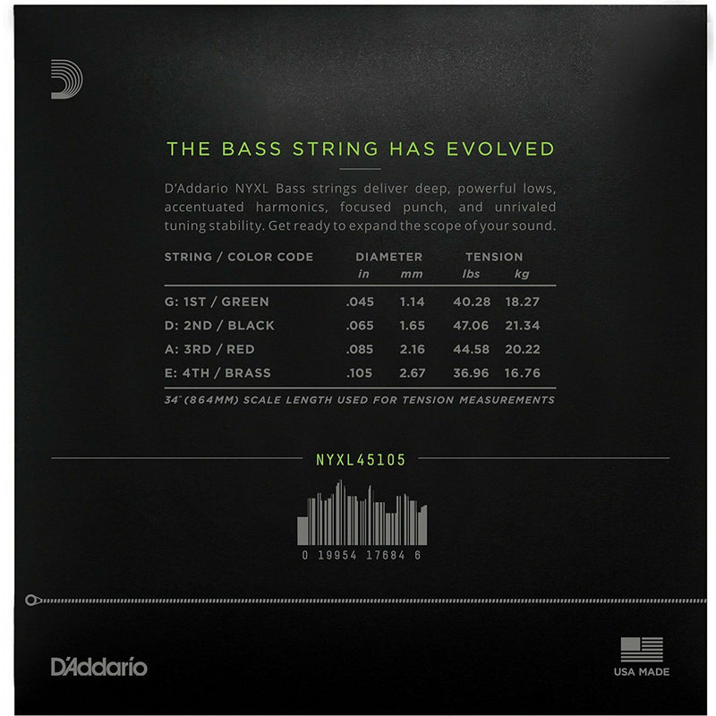Bass Strings D'Addario NYXL45105, Set Long Scale, Light Top / Med Bottom, 45-105