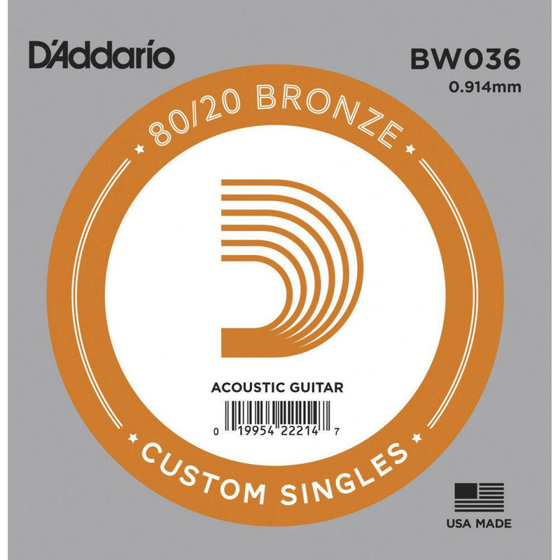 5 X D'Addario BW036 80/20  Bronze Wound  Acoustic Guitar Single String .036