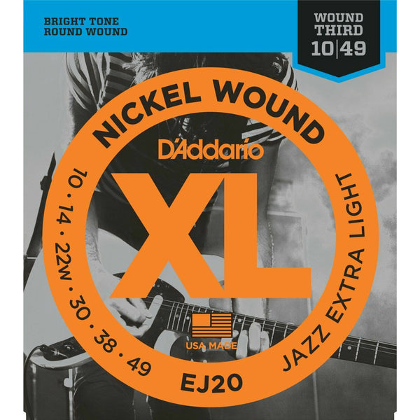 Jazz Guitar Strings By D'Addario, EJ20, With Wound 3rd String, 10-49 Extra Light