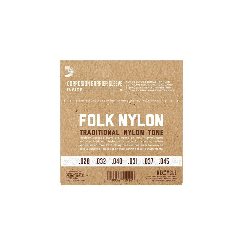 D'Addario EJ32C Folk Nylon Strings. Ball Ended, Simple Restringing. Silver Wound