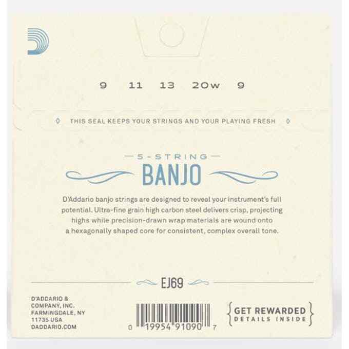 D'Addario EJ69 5-String Banjo Strings, Phosphor Bronze Wound,Loop End,9-20 Light