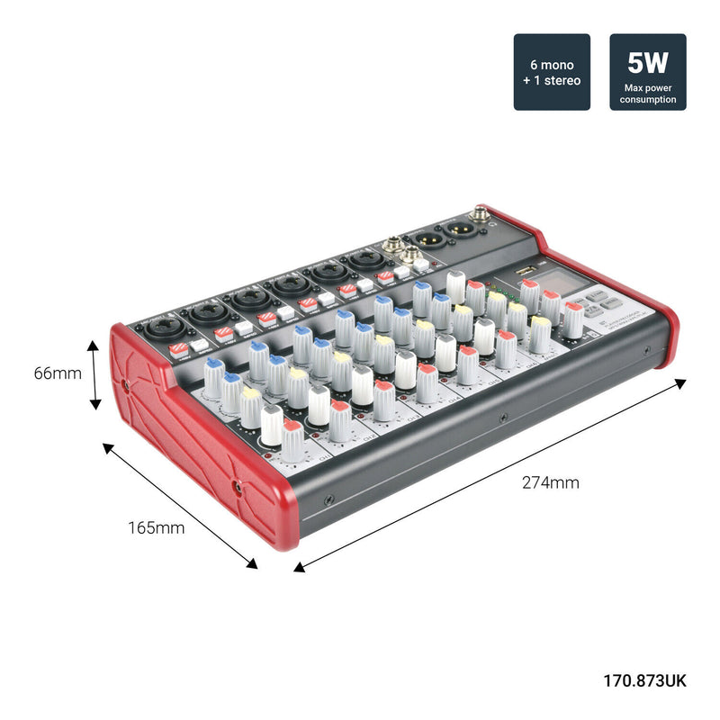 Citronic CSM-8 Mixer with USB / Bluetooth. 6 x XLR + Stereo Line In