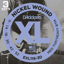 D'Addario EXL116-3D Nickel Guitar Strings 11-52 Medium Top Heavy Bottom, 3-Pack