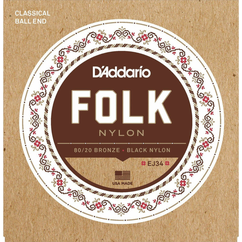 D'Addario EJ34 Folk 80/20 Bronze Black Nylon Ball End Classical Guitar Strings