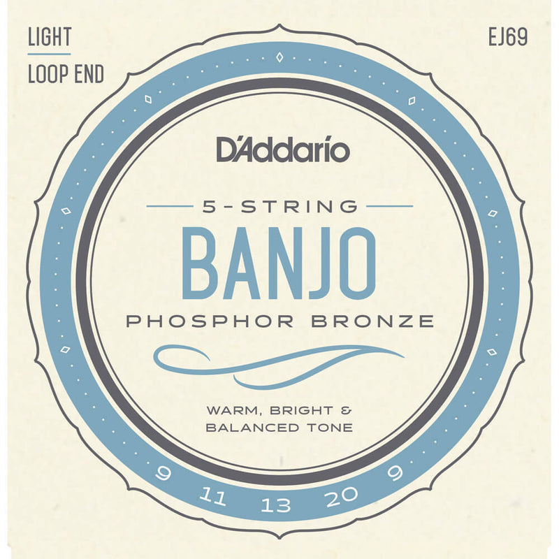Banjo Strings D'Addario EJ69 5-String ,Phosphor Bronze Wound,Loop End,9-20 Light
