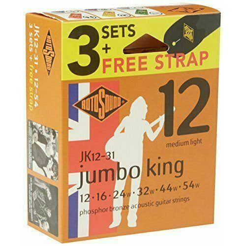 Rotosound JK12-31 Phosphor Bronze Acoustic Guitar Strings 12-54 3 Pack + Strap