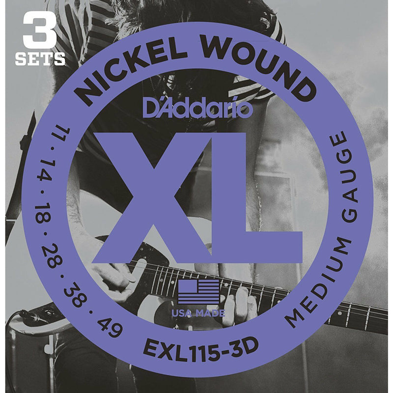 D'Addario EXL115-3D Electric Guitar Strings 11-49 3 Pack. Blues/Jazz Rock